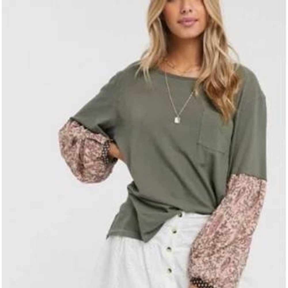 Free People Jade Long Sleeve Contrast Print Top Olive Green Med OB1005822